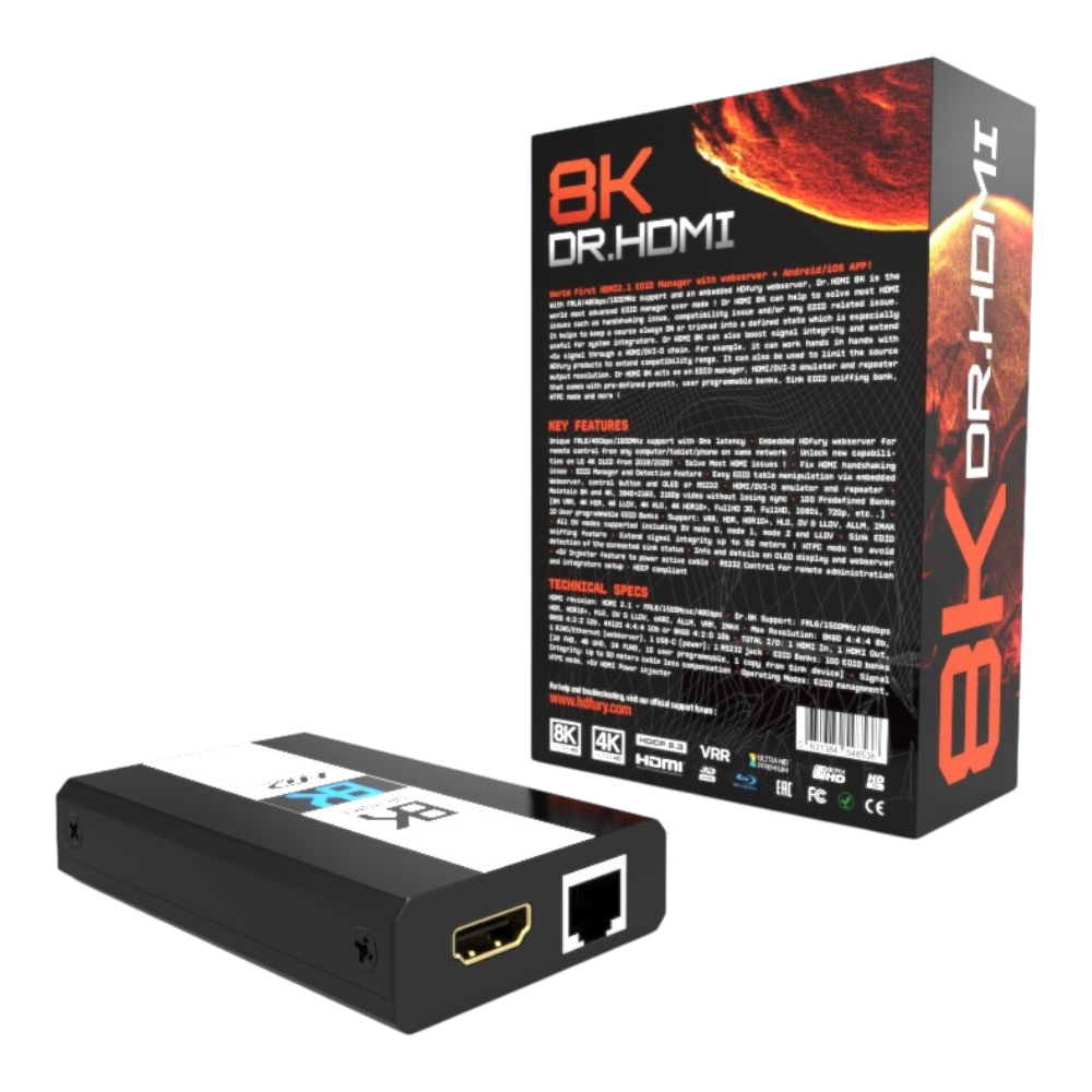 DR HDMI 8K next to the back of the retail box listing the specifications