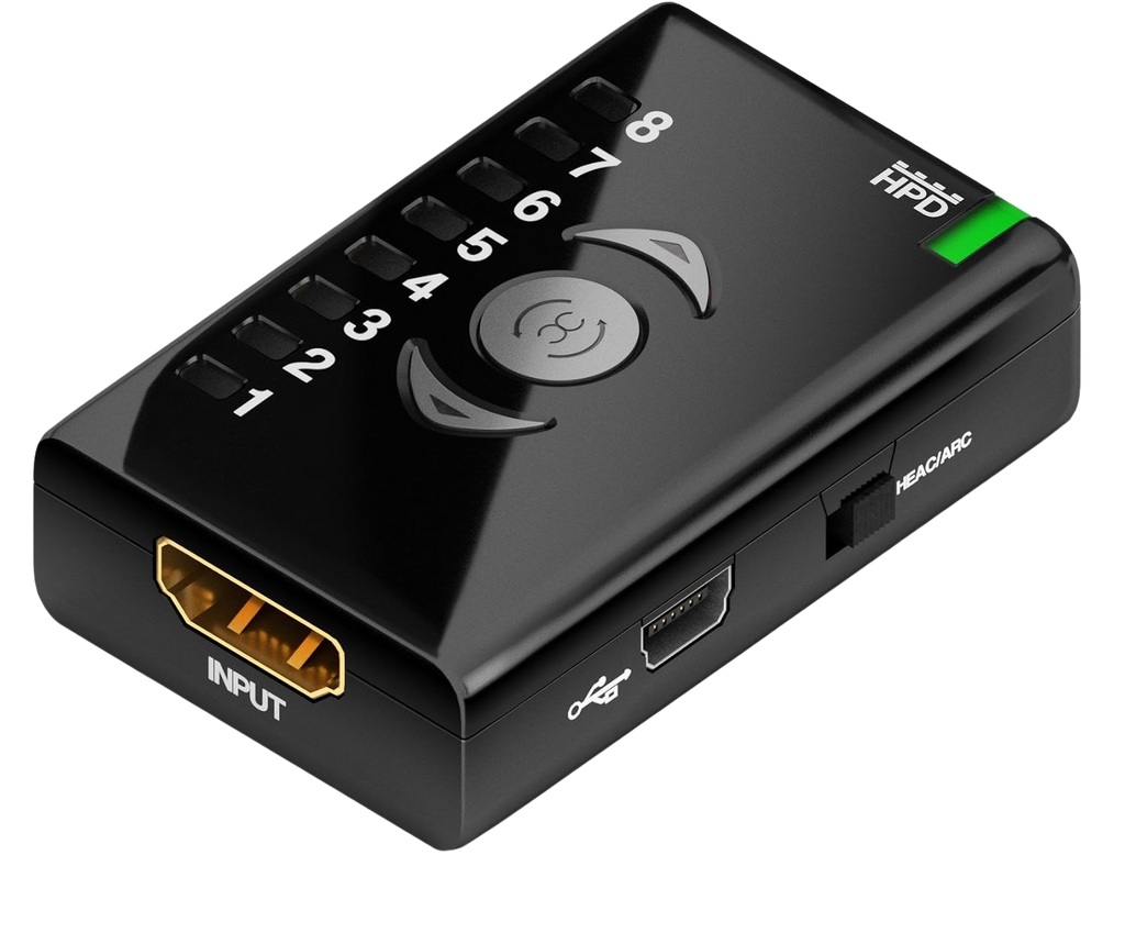 Lato ingresso del Dr HDMI con ingresso HDMI, porta Mini-USB e interruttore HEAC/ARC