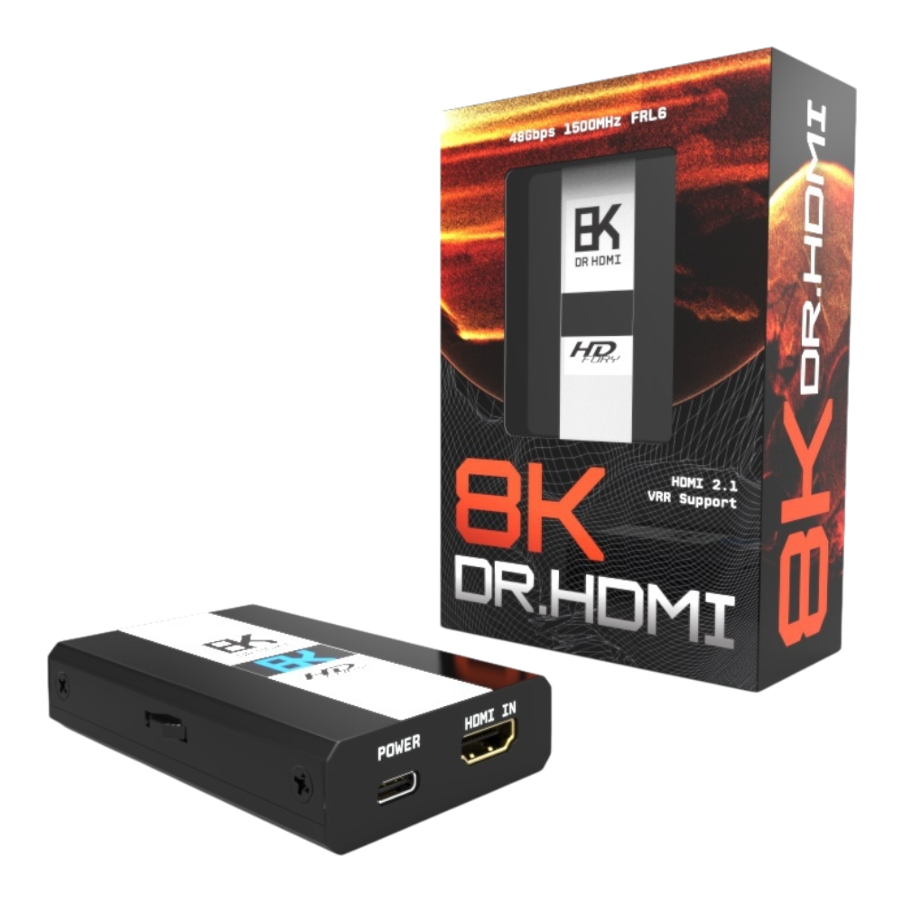 DR HDMI 8K unit next to its retail box with 8K HDMI 2.1 artwork