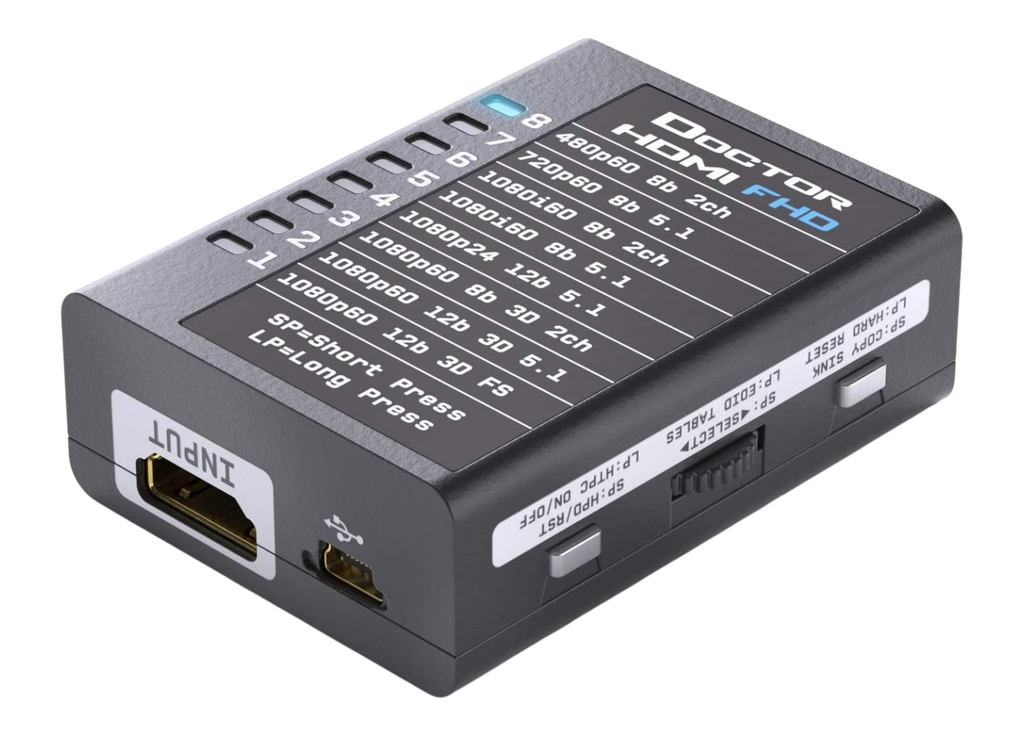Lato uscita del Dr HDMI 4K, con l'uscita HDMI, il jack RS232 e i tasti copy sink e HPD