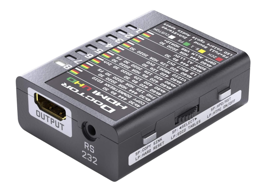 Dr HDMI 4K visto dal lato uscita, con la tabella dei banchi EDID UHD stampata sul coperchio