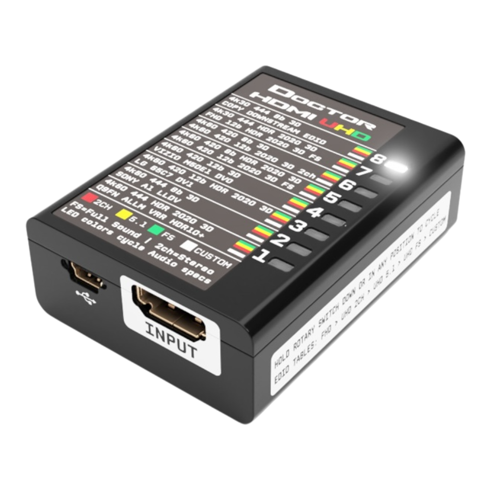 Lato ingresso del Dr HDMI 4K, con l'ingresso HDMI, la porta mini USB e la tabella EDID UHD sopra