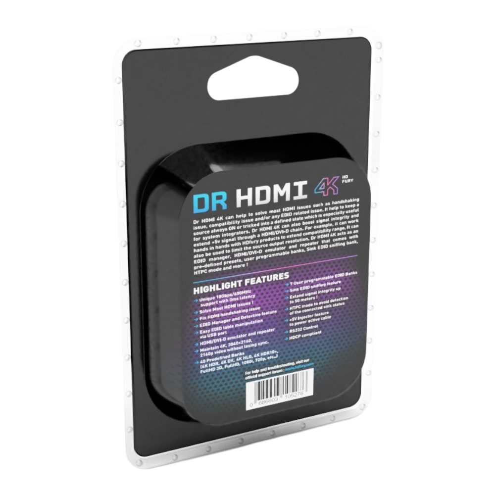 Confezione del Dr HDMI 4K, retro, con le specifiche