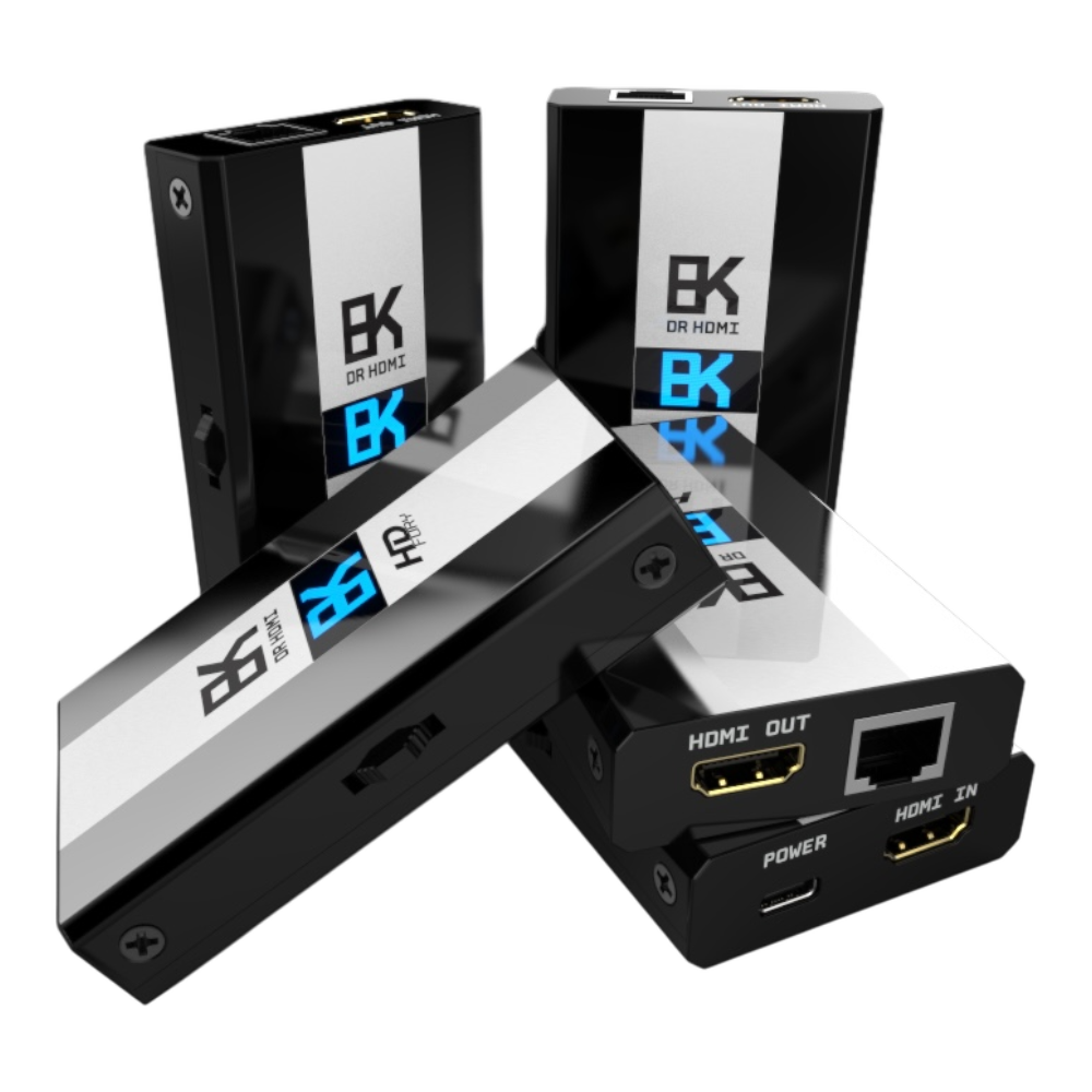 Four views of the HDfury DR HDMI 8K EDID manager showing the HDMI in, HDMI out and RJ45 network ports