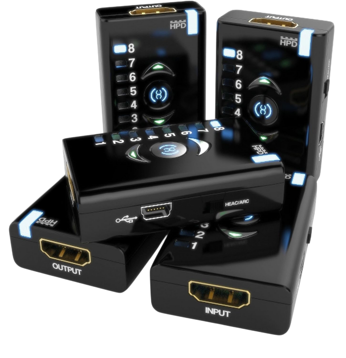 Cinque Dr HDMI da angolazioni diverse con ingresso e uscita HDMI, porta Mini-USB e interruttore HEAC/ARC