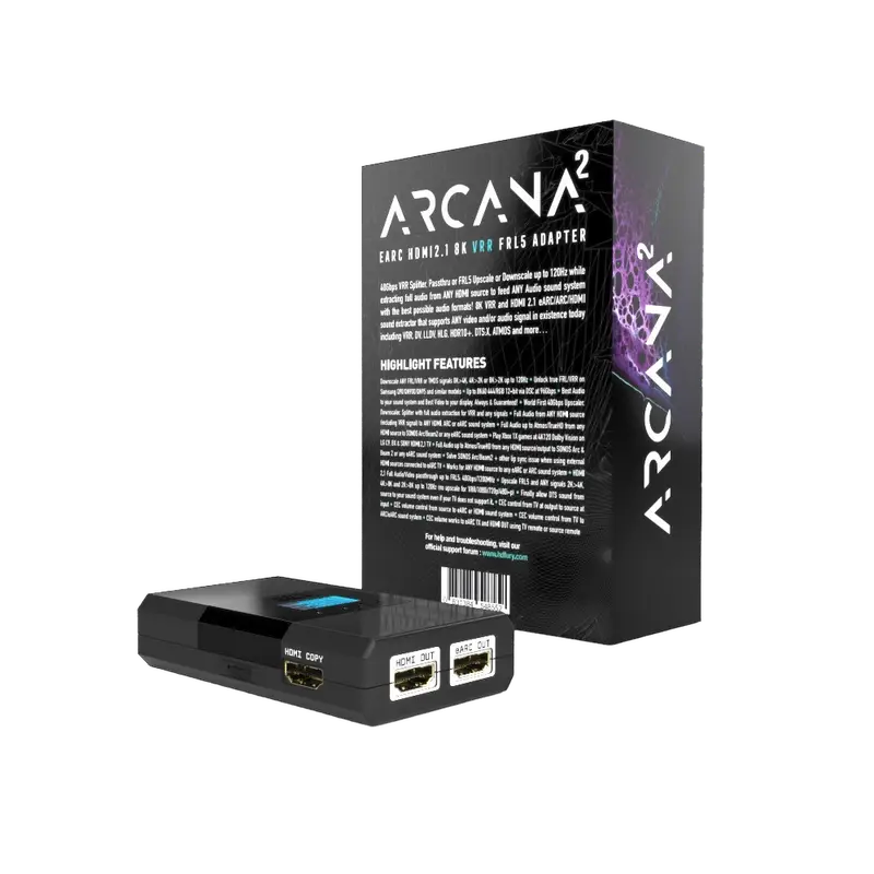 Connessioni posteriori HDfury Arcana 2: ingresso HDMI, 2x uscita HDMI, uscita eARC