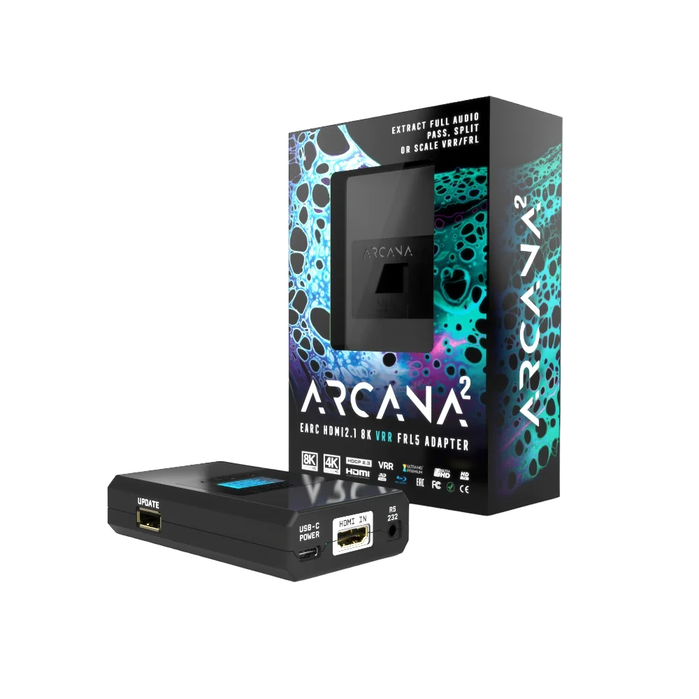 Adattatore eARC 8K HDfury Arcana 2 - vista frontale con display OLED