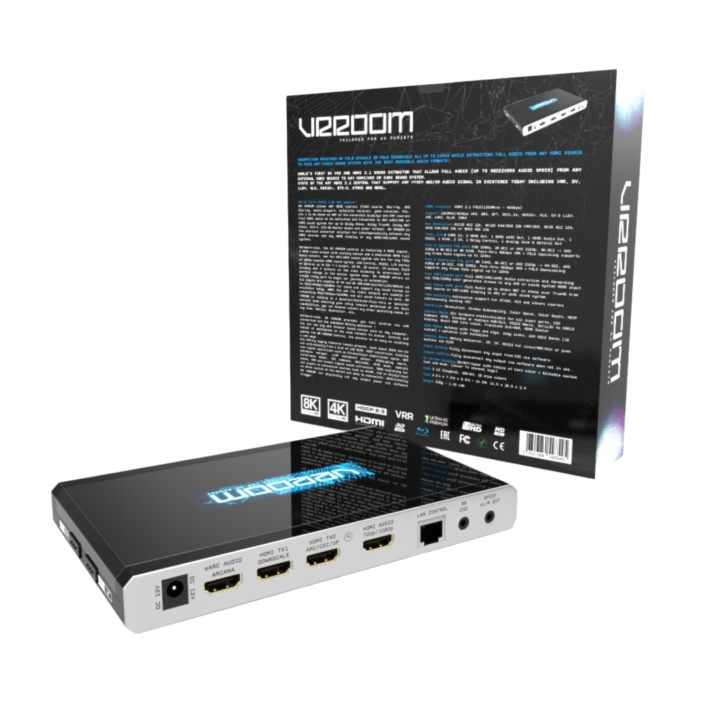 Retro della confezione HDfury VRROOM con caratteristiche principali e specifiche