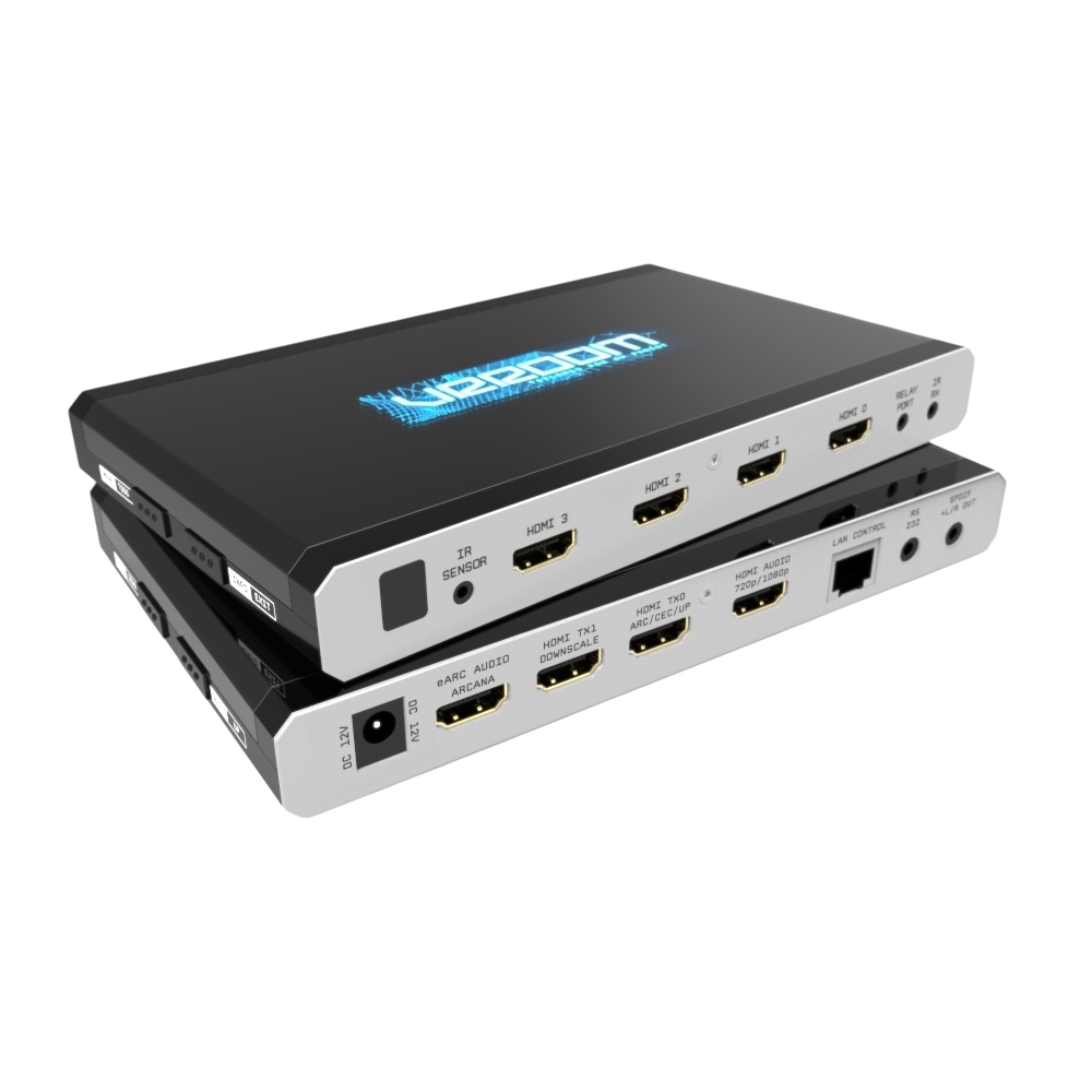 Matrice HDMI 2.1 8K, scaler ed estrattore audio eARC HDfury VRROOM – vista frontale con display OLED