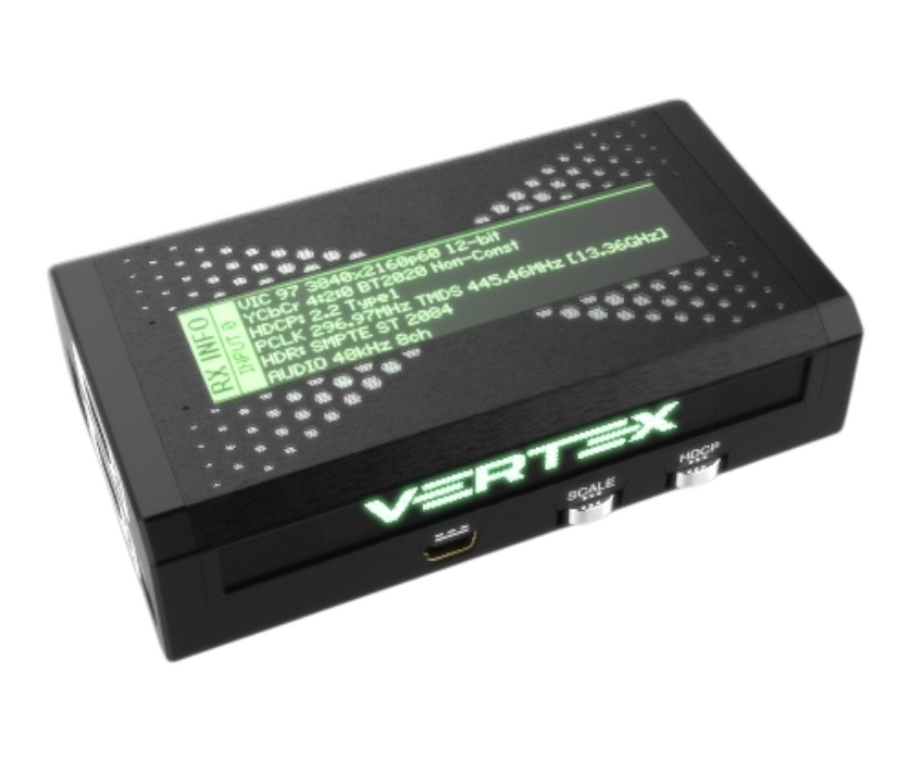 RX INFO dell'HDfury Vertex sull'OLED: 3840x2160p60 12-bit, YCbCr 4:2:0 BT2020, HDCP 2.2, HDR SMPTE ST 2084, audio a 8 canali