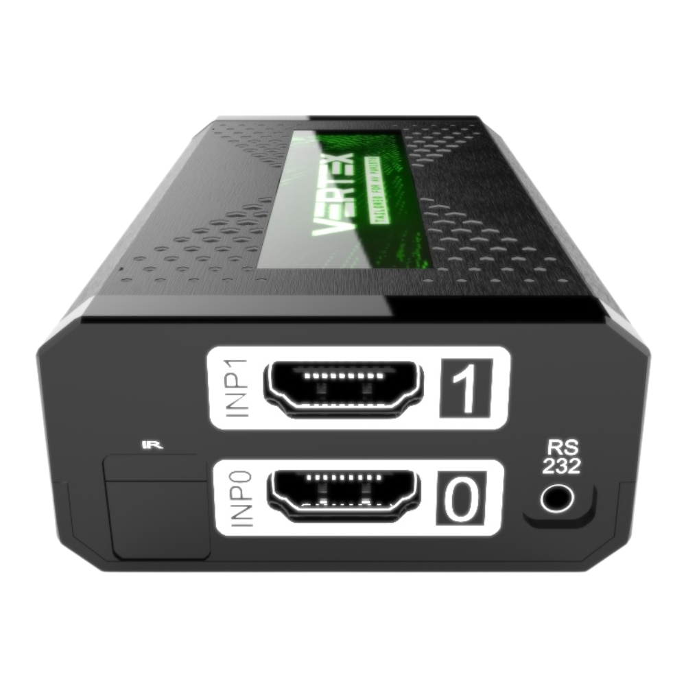 Lato ingressi dell'HDfury Vertex: ingressi HDMI INP0 e INP1, ricevitore IR e porta RS232