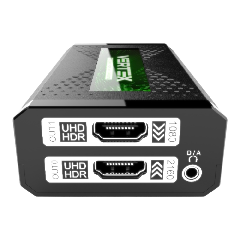 Lato uscite dell'HDfury Vertex: OUT1 UHD HDR con downscale a 1080p, OUT0 UHD HDR con upscale a 2160p e jack audio D/A